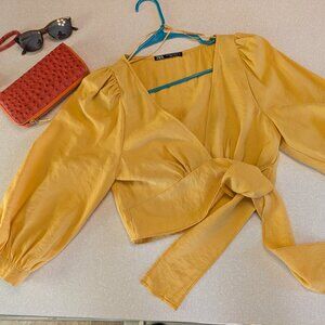 Zara Brand Yellow Wrap Waist Plunge Front Linen-feel Top - Size M - EUC